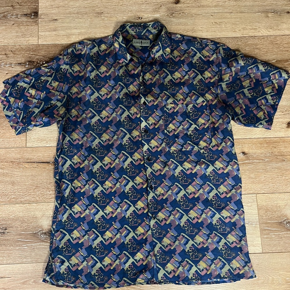 Vintage Men’s Robert Stock 100% Silk Print Button Down Shirt Size large
